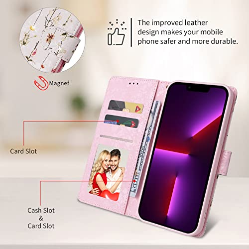 UEEBAI Wallet Case for iPhone 14 Pro, PU Leather Phone Cover Kickstand RFID Blocking Flip Case Card Slots Wrist Strap Relief Engraved Pattern Magnetic Closure Flower Folio Wallet, Vine - color: Vine, size: iPhone 14 Pro