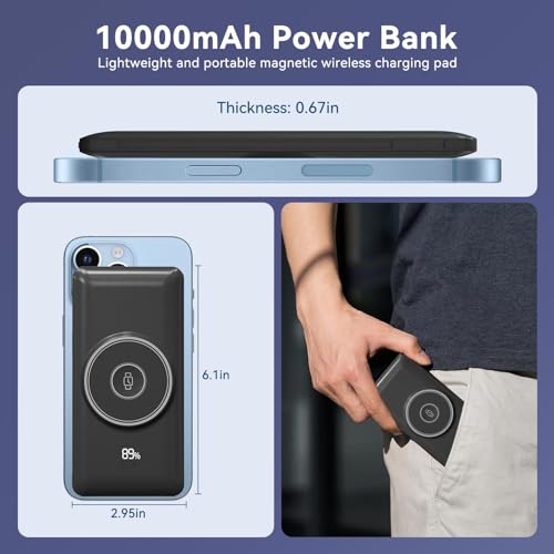 Magnetic 10000mAh Portable Charger for iWatch & iPhone, PD Fast Charging Wireless Power Bank Built-in Cables and Wall Plug, External Travel Battery Pack Compatible with iOS Android Phones - color: Black