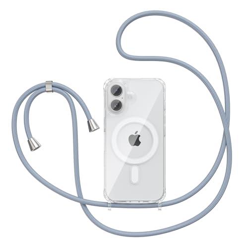 Magnetic Case for iPhone 16 6.1" Clear Crossbody Case with Adjustable Shoulder Neck Lanyard Strap,Compatible with Magsafe,Soft Slim Bumper Shockproof Protective Phone Cover-Blue - color: Blue, size: iPhone 16