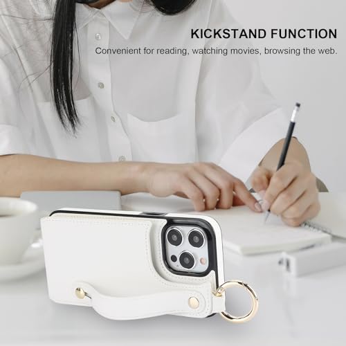Folosu for iPhone 15 Pro Max Wallet Case with Card Holder, Hand Wrist Strap Loop Holder Kickstand, RFID Blocking Finger Grip Ring PU Leather Double Buttons Shockproof Cover 6.7" White - color: White
