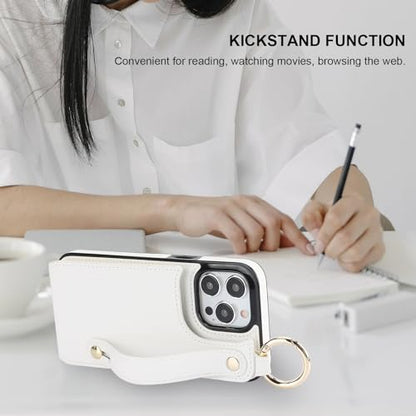 Folosu for iPhone 15 Pro Max Wallet Case with Card Holder, Hand Wrist Strap Loop Holder Kickstand, RFID Blocking Finger Grip Ring PU Leather Double Buttons Shockproof Cover 6.7" White - color: White