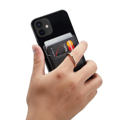 Card Holder Sleeve with Ring, RFID Credit Wallet PU Leather Stick On Back Grip for iPhone Samsung Smartphone - Black