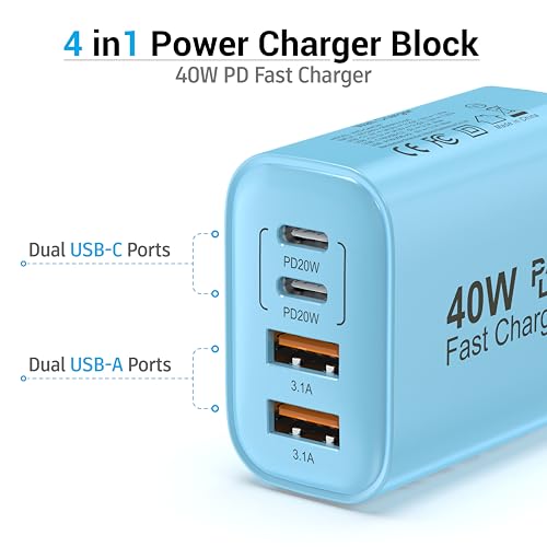 TT&C USB C Charger Block, 40W 4 Ports Wall Charger for iPhone 17,16,15,14 - color: Blue 1Pack