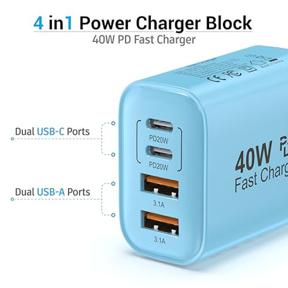 TT&C USB C Charger Block, 40W 4 Ports Wall Charger for iPhone 17,16,15,14 - color: Blue 1Pack