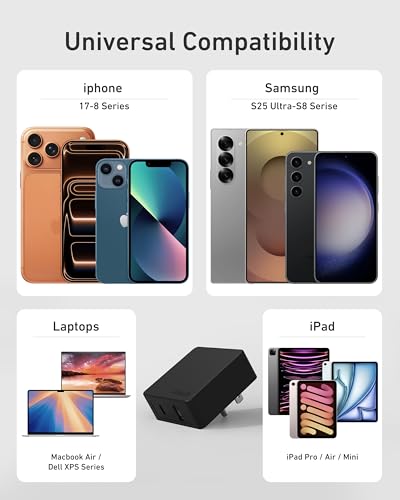 Nekmit Flat USB C Wall Charger, 45W Dual Port PPS Fast USB Charger Block(1*USB-C & 1*USB-A), Slim USB C Wall Plug for iPhone 17/16 and More Series, MacBook Air, iPad - color: Black