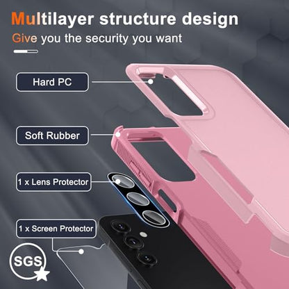 Case for Samsung Galaxy A15 5G, Full Body Heavy Duty Rugged Shockproof Protective Phone Cover with Lanyard Strap, Tempered Glass Screen Protector and Camera Lens Cover, Cute Pink | Rugged Shockproof Protective Phone Case with Lanyard Strap,Tempered Glass