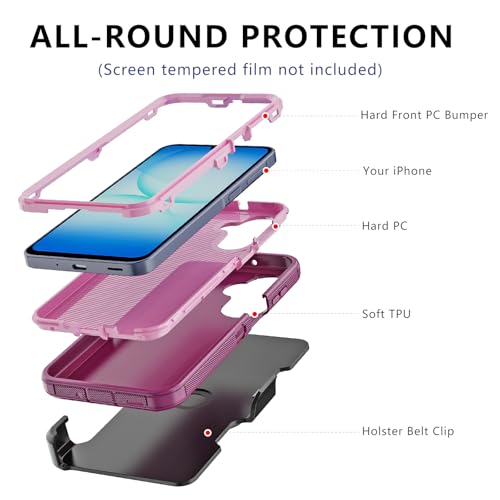 for Samsung Galaxy A17 Case with Belt Clip Holster & Kickstand, Heavy Duty 3-Layer Military Grade Rugged Full Body Protection Cover Case for Galaxy A17 5G (Wine/Pink) - color: Wine/Pink