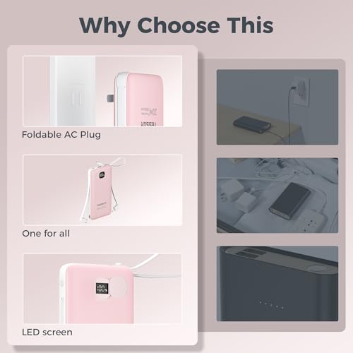 TESSAN Portable Charger with Built in Cables, 10000mAh Power Bank Wall Plug - color: Pink