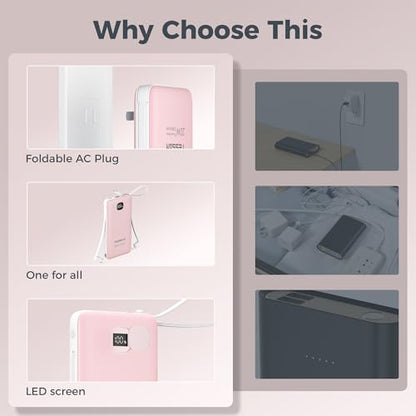 TESSAN Portable Charger with Built in Cables, 10000mAh Power Bank Wall Plug - color: Pink