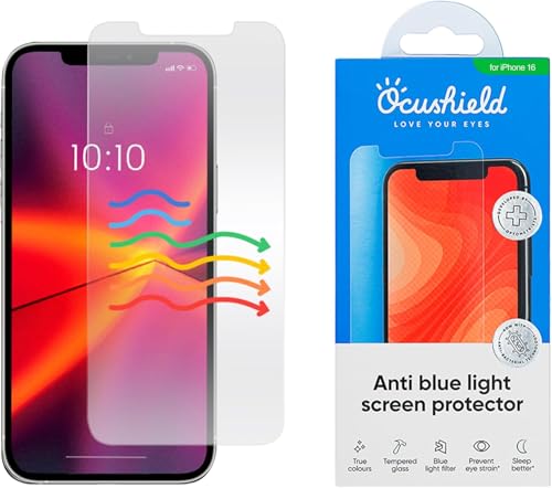 Ocushield Anti Blue Light Tempered Glass Screen Protector of iPhone 16 (6.1") – Blocks Blue Light, Prevents Eye Strain & Helps You Sleep Better, 9H Hardness & Case Friendly - size: iPhone 16 (6.1")