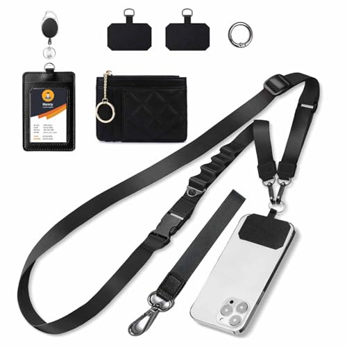 Crossbody Phone Strap with Wallet,Adjustable Crossbody Cell Phone Lanyard for iPhone with Phone Tethers & Retractable ID Badge Card Holder- Black - color: With Retractable Keychain-black