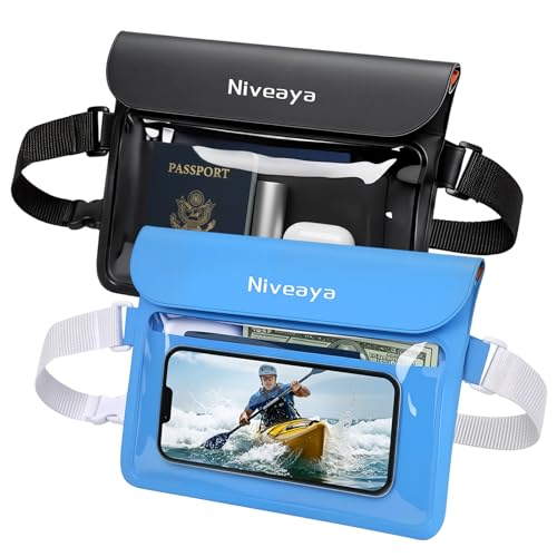 Niveaya IPX8 Waterproof Fanny Pack, Waterproof Pouch Dry Bag for Beach, Kayaking, Swimming, Boat Travel Cruise Essentials, Waterproof Phone Bag Passport Holder for Women Men(2 Pack) - color: Black+Blue
