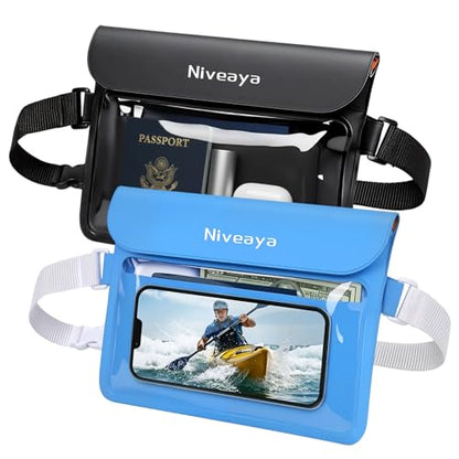 Niveaya IPX8 Waterproof Fanny Pack, Waterproof Pouch Dry Bag for Beach, Kayaking, Swimming, Boat Travel Cruise Essentials, Waterproof Phone Bag Passport Holder for Women Men(2 Pack) - color: Black+Blue