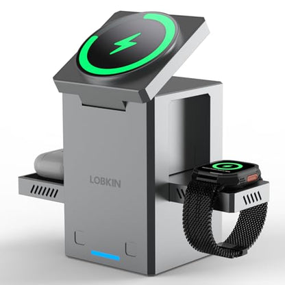 LOBKIN 3 in 1 Wireless Charging Station for Apple Multiple Devices, 15W Fast Foldable Magnetic Charger Stand for iPhone 16 15 14 13 12 Pro Max, Apple Watch Series 10/9/8/Ultra