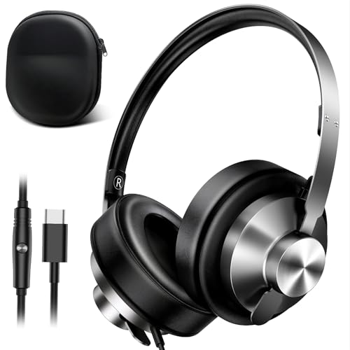 USB C Headphones Wired with Comfortable Ear Pads, Over Ear Bass HiFi Sound Foldable Travel Headphone, Durable Metal Frame, Compatible with iPhone 17/16/Samsung Galaxy S25/S24 Google Pixel 9 - Black - color: Silver