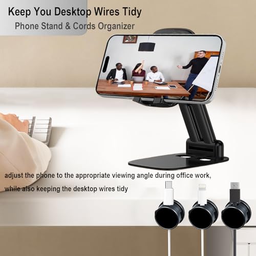 Cell Phone Stand Desktop and Magnetic Cable Clips Set, Foldable & Height Adjustable Phone Holder and Adhesive Wire Holder Keeper Organizer Compatible with All Phones