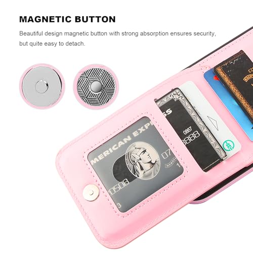 KIHUWEY for iPhone 16 Pro Wallet Case Card Holder Kickstand, Pink | Credit Card Slots, PU Leather, Magnetic Clasp, Flip Heavy Duty Protection Cover for Men and Women - color: Pink