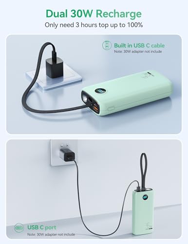 DIAMUAR Portable Charger 20000mAh 45W, Built in USB C Cable, 3W Flashlight - color: Natural Teal