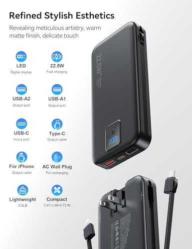 Portable Charger 12000mAh 22.5W w/Built-in Cable & Wall Plug Black - color: Black