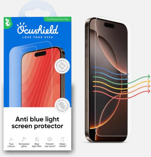 Ocushield Anti Blue Light Tempered Glass Screen Protector of iPhone 16 Pro Max (6.9") – Blocks Blue Light, Prevents Eye Strain & Helps You Sleep Better, 9H Hardness & Case Friendly - size: iPhone 16 Pro Max (6.9")