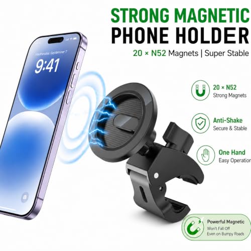 Heavy Duty Magnetic Phone Mount for Gym & Spin Bikes, N52 Clamp for Peloton/Treadmill/Stroller/Golf Cart, 360° Rotatable, Compatible with MagSafe iPhone 12-17 - color: black