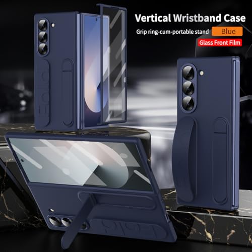 for Samsung Galaxy Z Fold 6 Protect Case with Wristband Stand,Bulit-in Screen & Lens Protection Shockproof Full Body Drop Fall Protection.(Blue) - color: Blue