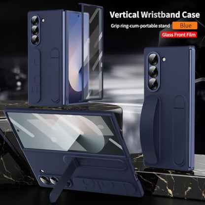 for Samsung Galaxy Z Fold 6 Protect Case with Wristband Stand,Bulit-in Screen & Lens Protection Shockproof Full Body Drop Fall Protection.(Blue) - color: Blue