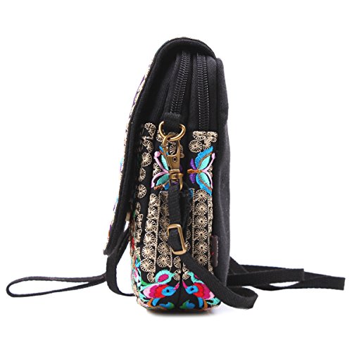 SILKAREA Embroidered Cute Mini Crossbody Bag for Women Small Handbags Wristlet Wallet Bag Cell-phone Pouch Coin Purse - color: Black Flower