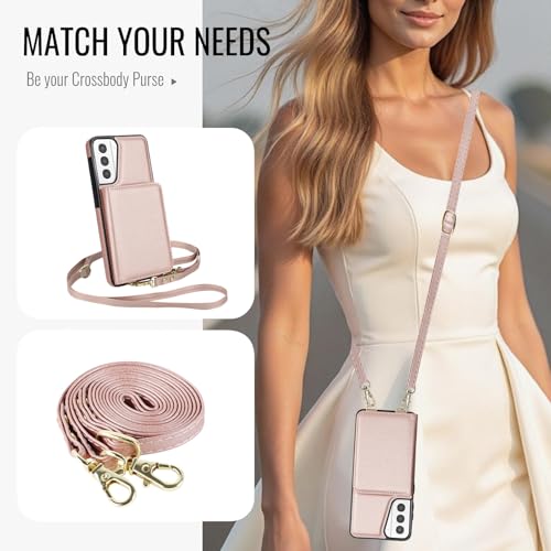 Phone Case for Samsung Galaxy S21 Plus S21+ 5G Wallet Cell Cover with Tempered Glass Screen Protector Wrist Strap RFID Blocking Credit Card Holder S21+5G S21plus 21S + S 21 21+ G5 Women Men Rose Gold - color: Rose Gold