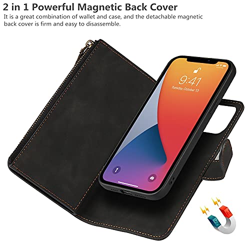iCoverCase Compatible with iPhone 13 Wallet Phone Case with Card Holder, PU Leather Zipper Pocket Magnetic Detachable Flip Case with Wrist Strap (Black) - color: Detachable--Black