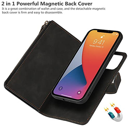 iCoverCase Compatible with iPhone 13 Wallet Phone Case with Card Holder, PU Leather Zipper Pocket Magnetic Detachable Flip Case with Wrist Strap (Black) - color: Detachable--Black