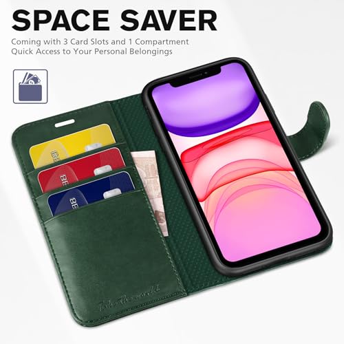 TUCCH Wallet Case for iPhone 11 (6.1") 2019, Flip Stand, Midnight Green | RFID Blocking, 3 Card Holders, Kickstand, PU Leather, Shockproof TPU Shell, Magnetic Closure, Protective Folio Cover - color: Midnight Green
