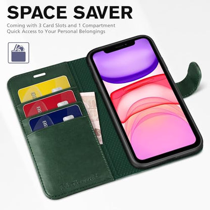 TUCCH Wallet Case for iPhone 11 (6.1") 2019, Flip Stand, Midnight Green | RFID Blocking, 3 Card Holders, Kickstand, PU Leather, Shockproof TPU Shell, Magnetic Closure, Protective Folio Cover - color: Midnight Green