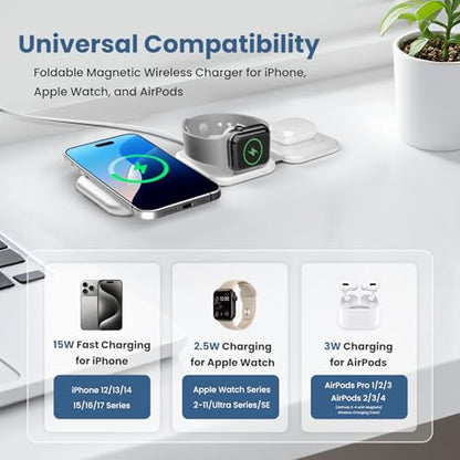 Travel Charger for Multiple Devices: 15W 3-in-1 Foldable Magnetic Wireless Charging Station for MagSafe-Compatible iPhone 17 17e 16 15 14 13 12 Pro Max, Watch & AirPods-Sleek Portable Design, White
