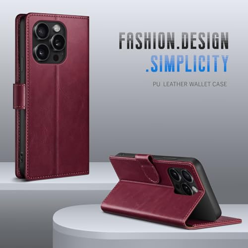 Wallet Case for iPhone 15 Pro Max 6.7", Wine Red | RFID-Blocking Card Holder, Kickstand, Magnetic Closure, PU Leather Folio Flip Cover, Protective Women Men Cases - color: Wine Red, size: iPhone 15 Pro Max