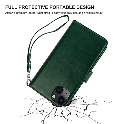 Bocasal Detachable Wallet Case Card Holder for iPhone 14 Plus, Green | RFID Blocking Kickstand Card Slots Holder PU Leather Magnetic Shockproof Wrist Strap Removable Flip Protective Cover 6.7 inch - color: Green