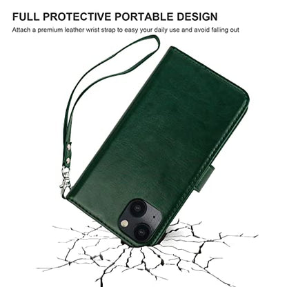 Bocasal Detachable Wallet Case Card Holder for iPhone 14 Plus, Green | RFID Blocking Kickstand Card Slots Holder PU Leather Magnetic Shockproof Wrist Strap Removable Flip Protective Cover 6.7 inch - color: Green
