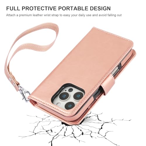 Bocasal Detachable Wallet Case Card Holder for iPhone 16 Pro, Rose Gold | RFID Blocking Kickstand Card Slots Holder PU Leather Magnetic Shockproof Wrist Strap Removable Flip Protective Cover 6.3 inch - color: Rose Gold