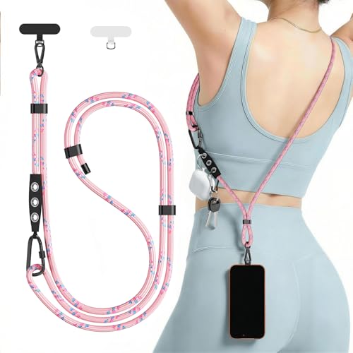 Phone Strap Crossbody Phone Lanyard with 2 Phone Tabs,Adjustable Anti Theft Phone Strap for iPhone Around with Hanging Loops ,Skin-Friendly,Universal Cell Phone Neck lanyard for Outdoor Travel (Pink) - color: Pink