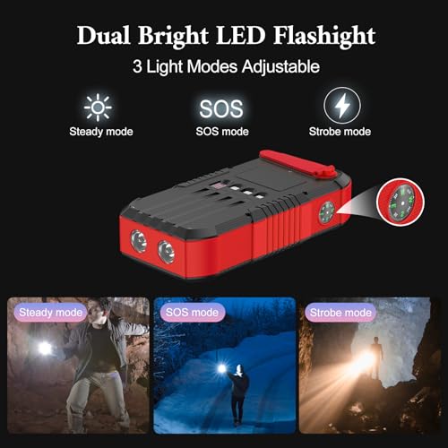 Solar Power Bank 66800mAh Built in Hand Crank for Camping and Hiking - color: red