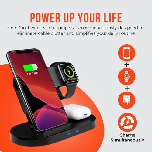 HyperGear 3-in-1 Wireless Charging Station - Phone Charger Stand for Multiple Devices with 10W Fast Charge, Phone & Watch Charger Station for iPhone, Android & AirPods