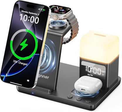 6 in 1 Wireless Charging Station with Clock & Night Light，Alarm Clocks for Bedrooms,Wireless Charger Stand with Beside Clock for iPhone 18/17/16/15/14/13/12 Pro Max, Apple Watch,Airpods (Black) - color: Black
