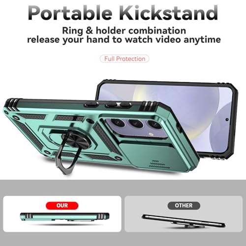 for Samsung Galaxy S24 FE Case with Camera Lens Cover HD Screen Protector, Dual Layer Military-Grade Drop Tested Magnetic Ring Holder Kickstand Protective Phone Case for Galaxy S24 FE (Dark Green) - color: Dark Green w/ camera cover Military-Grade 2nd gen