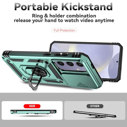 for Samsung Galaxy S24 FE Case with Camera Lens Cover HD Screen Protector, Dual Layer Military-Grade Drop Tested Magnetic Ring Holder Kickstand Protective Phone Case for Galaxy S24 FE (Dark Green) - color: Dark Green w/ camera cover Military-Grade 2nd gen