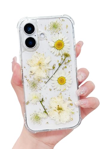 Compatible with iPhone 17 Case Clear Cute Real Flowers Shockproof | Handmade Natural Pressed Dried White Flower Gliter Soft TPU Slim Protective phone cover for iphone 17 - color: White Flower, size: iphone 17