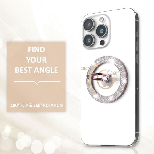 Pikabo Magnetic Phone Ring Holder for MagSafe, Glitter Phone Grip Stand - color: Glitter Rose Gold