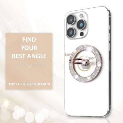 Pikabo Magnetic Phone Ring Holder for MagSafe, Glitter Phone Grip Stand - color: Glitter Rose Gold