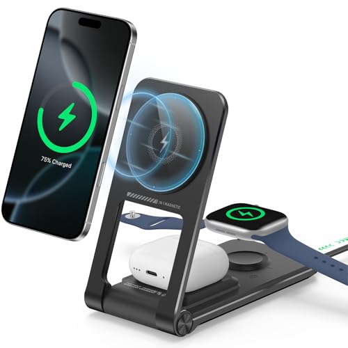 3 in 1 Charging Station for Apple Devices, Magnetic Wireless Charger Stand, 15W Foldable Travel Charging Dock for iPhone 17 16 15 14 13 12 Pro Max Plus Air & Apple Watch & AirPods 4 3 2 Pro, Black - color: Black