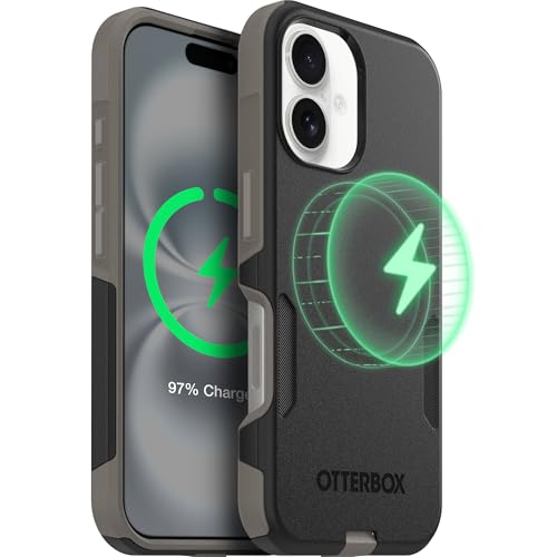 OtterBox iPhone 16 – Commuter Series Slim MagSafe Case - Black Ash | 3X Military Drop Protection - Dual-Layer Design - Pocket-Friendly - Raised Edges - Port Covers - color: Black Ash (Black/Grey), style: iPhone 16