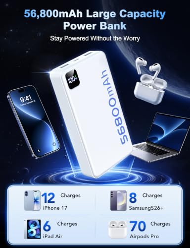 Portable Charger 56800mAh, 22.5W Fast Charging Power Bank with LED Display - color: PureWhite